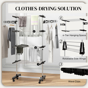 Garment Drying Rack Stainless Steel Folding Clothes Hanging Rack with Side Wings Castors for Indoor Outdoor – view 4