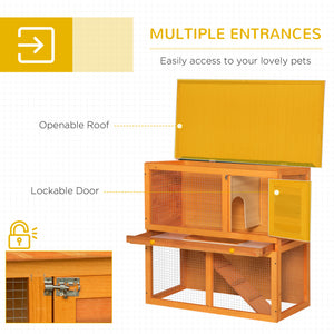 Wooden Rabbit Hutch, Indoor Outdoor Bunny Cage with Run, 2- Level Guinea Pig House with Slide-Out Tray, Waterproof Roof, Yellow