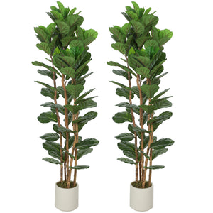 6FT Artificial Fiddle Leaf Fig Tree Set of 2, Fake Potted Tree with Solid Wood Trunks for Indoor Decor, Green