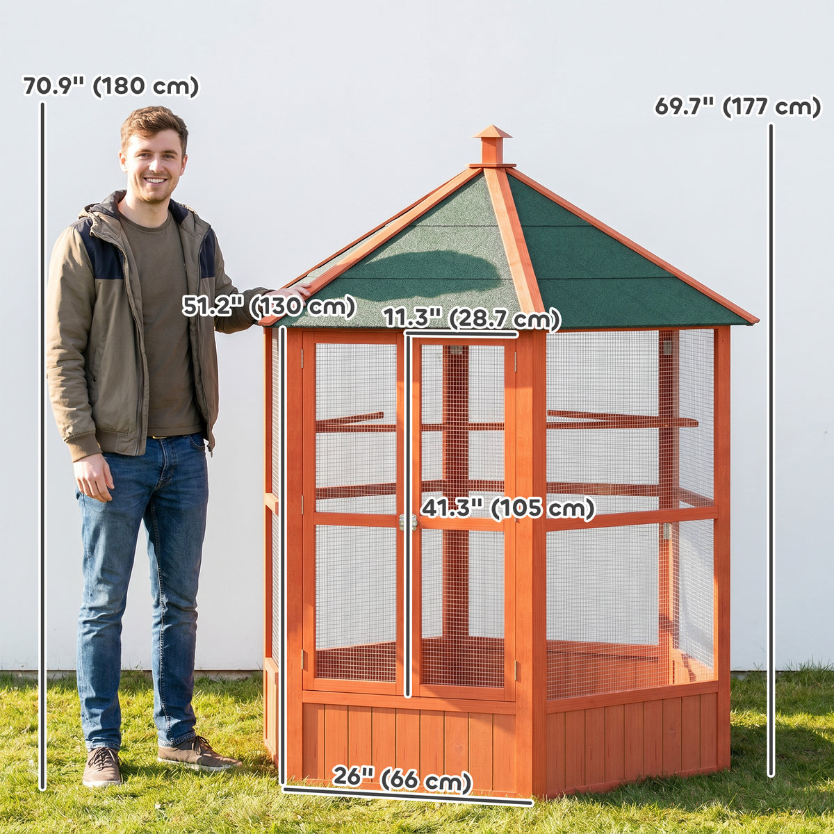 70"H Wooden Bird Cage Hexagonal Outdoor Aviary with Doors