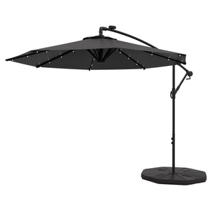 9.5' Offset Patio Umbrella Garden Parasol with Solar LED Lights and Weights, Dark Grey