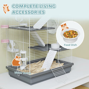 4-Level Large Hamster Cage with DIY Tubes, Water Bottle, Food Dish, Hut, Exercise Wheels, Grey