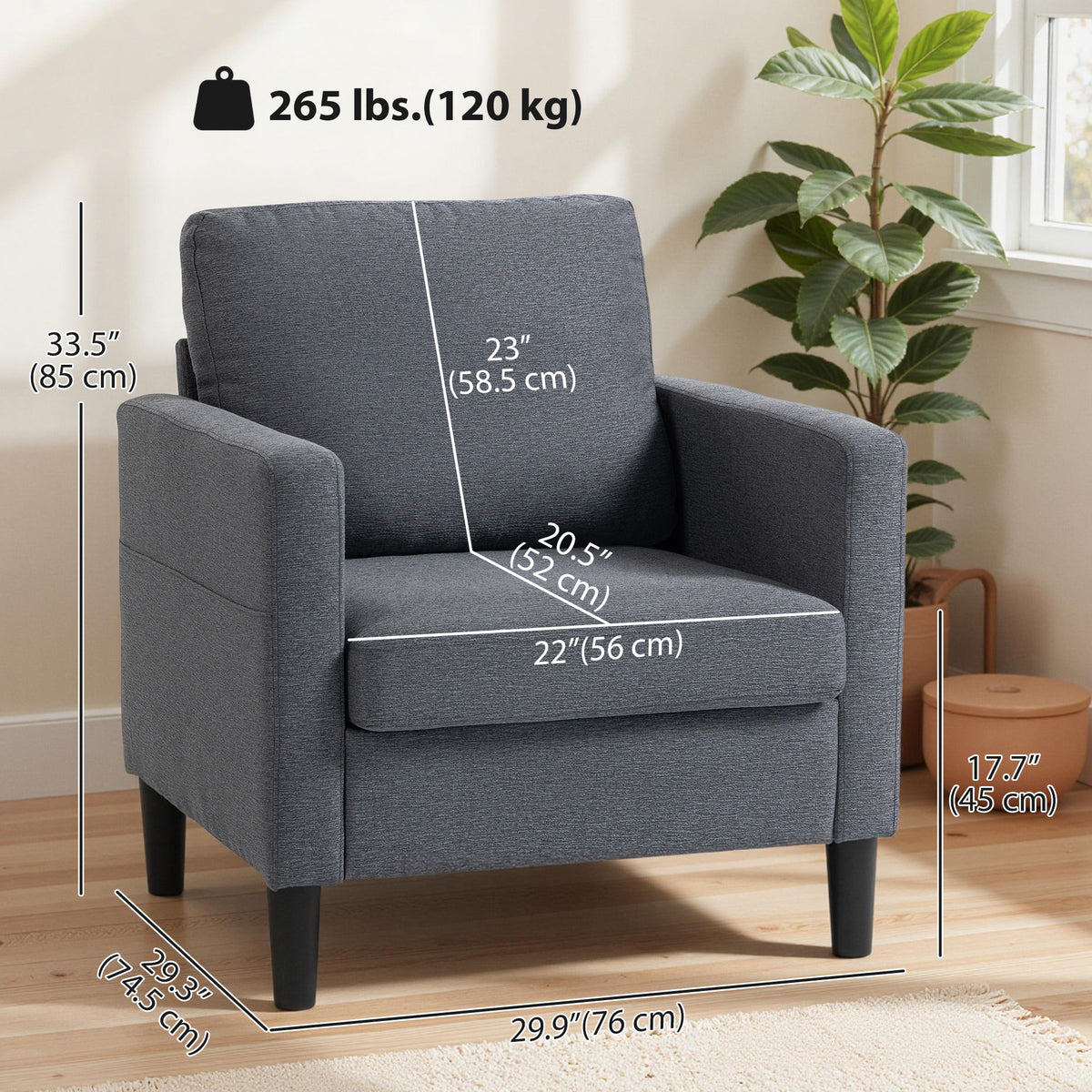 Accent Chair Upholstered Modern Armchair for Living Room with Thick Padded Seat and Armrests Dark Grey