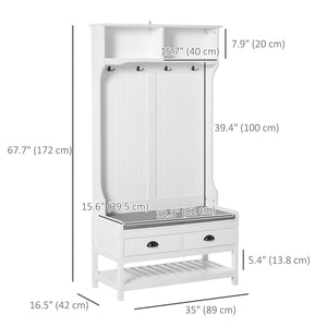 Coat Rack Shoe Bench, Hall Tree with Bench and Shoe Storage, Entryway Bench with 4 Hooks, 2 Drawers, 2 Shelves, White