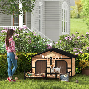 59"x64"x39" Wood Dog House Outdoor Cabin-Style Elevated Pet Shelter with Porch Deck, Beige