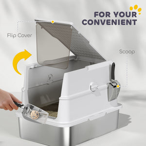 XL Stainless Steel Cat Litter Box for Big Cats with Flip Top, Scoop, Easy Clean & No Odors, Non-Sticky