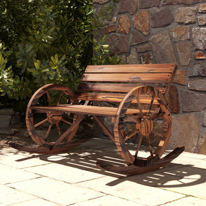 Rocking Outdoor Bench, Wood Outdoor Loveseat with Wagon Wheel Armrests, Carbonized
