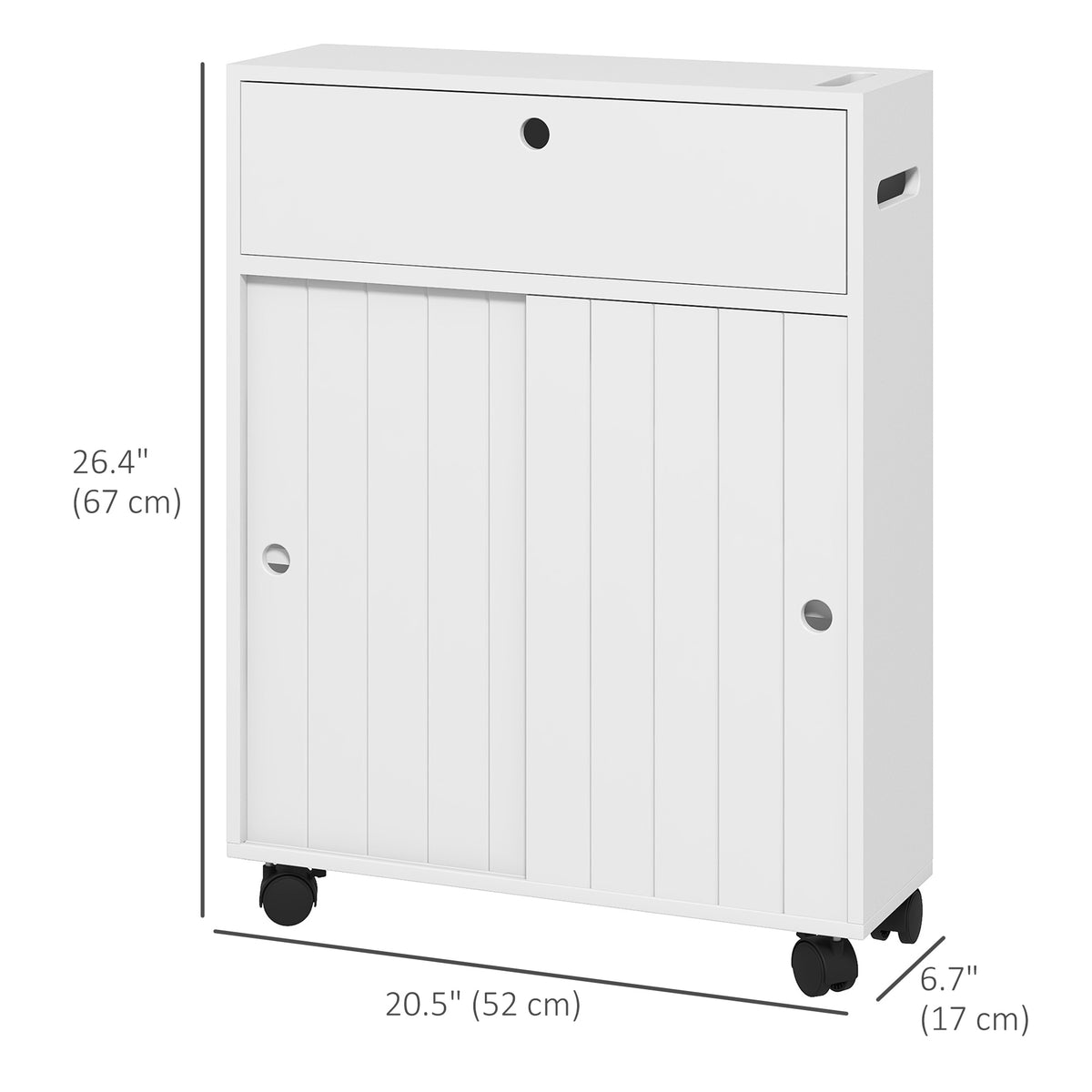 Bathroom Storage Cabinet, Bathroom Cabinet with 4 Rolling Wheels and Paper Holes, 20.5" x 6.75" x 26.5", White