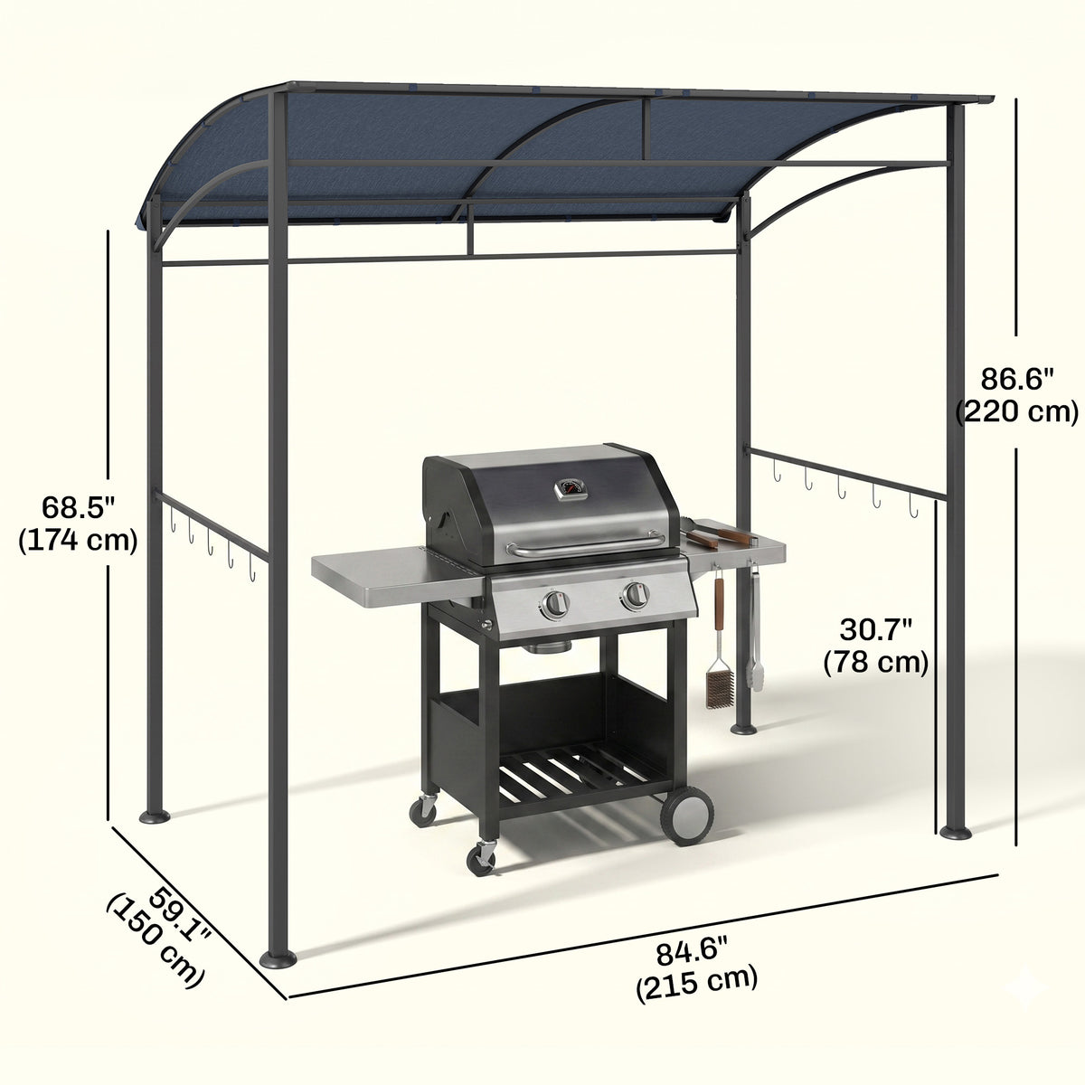 7' x 5' BBQ Grill Gazebo Tent, Garden Grill Canopy with Steel Frame and Hooks, Outdoor Sun Shade, Grey – view 2