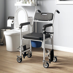 Rolling Shower Chair, Bedside Commode Chair with Wheels, Backrest, Arms, Flip Footrests for Seniors, Disabled, Black