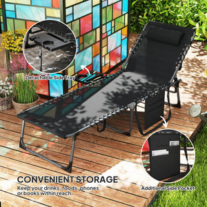 Folding Lounge Chair, Outdoor Chaise Lounge Tanning Chair with Adjustable Back, Side Table, Headrest, Black – view 5