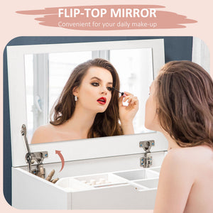 Vanity Set with Flip Top Mirror, Makeup Vanity Desk with Stool, Dressing Table with Drawer and 7 Compartments, White