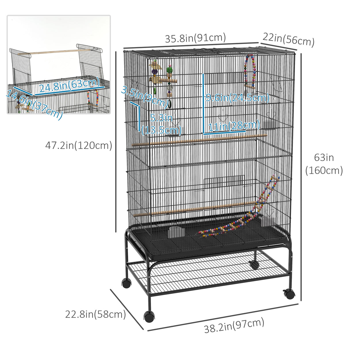 63" Bird Cage w/ Open Top for Budgies, Cockatiels, Lovebirds Finches, Stand, Toys, Removable Tray, Storage Shelf