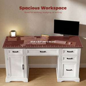 58" Home Office Desk with Soft-Close Drawers, Farmhouse Executive Desk with File Drawer for Letter Size, White