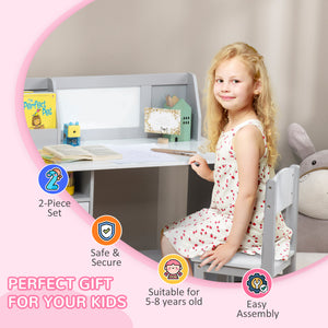 Qaba 2Pcs Kids Desk and Chair Set with Whiteboard, Storage, Shelves