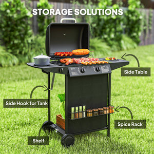 2+1 Burner Propane Gas BBQ Grill, Portable Gas Barbecue Grill with Side Burner, Thermometer, Lid, Side Table, Shelf, Spice Rack, Wheels, Grease Cup for Garden, Black