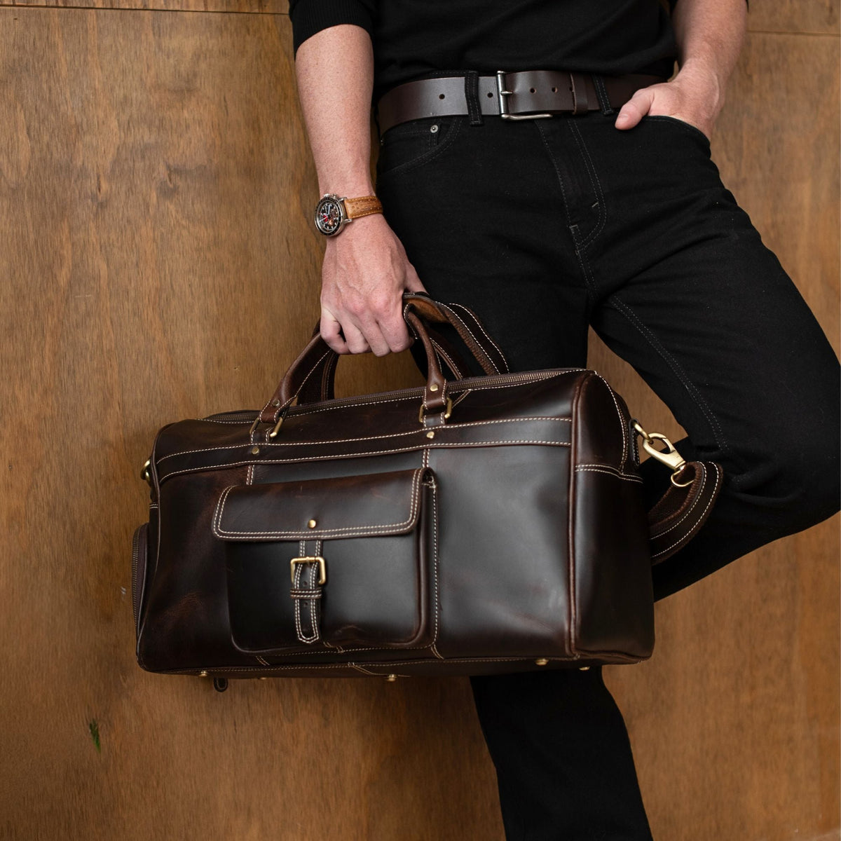 The Voyager Duffle - Brown Full-Grain Distressed Leather Duffle Bag - NAB Leather