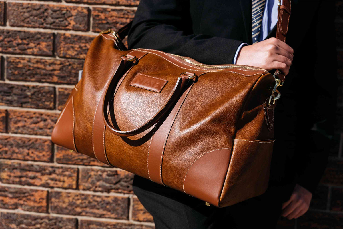 The Shield Duffle - Cognac Full-Grain Leather Duffle Bag, Made in Canada - NAB Leather