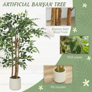 4FT Artificial Banyan Tree Set of 2, Fake Potted Tree with Solid Wood Trunk and Pot for Indoor