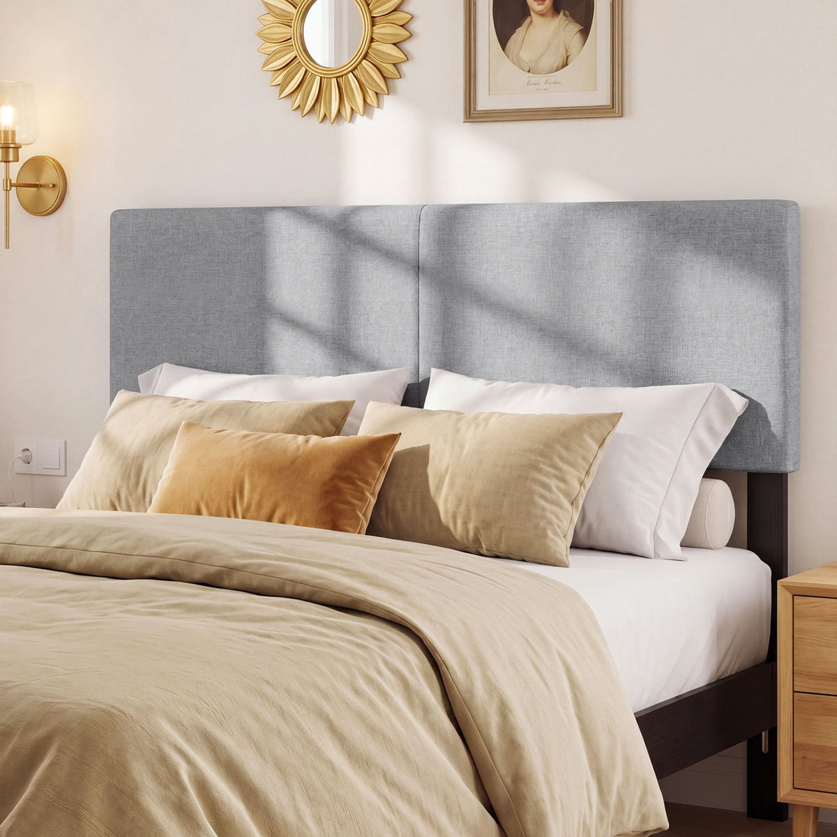 Upholstered Headboard Queen/Full Size Vertical Quilted Linen Fabric Bed Frame Mount Panel-Gray view 2