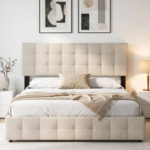 Upholstered Headboard Queen/Full Size Quilted Grid Linen Fabric Bed Frame Mount Panel-Beige view 3