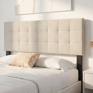 Upholstered Headboard Queen/Full Size Quilted Grid Linen Fabric Bed Frame Mount Panel-Beige view 6