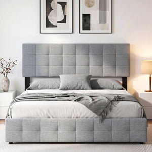 Upholstered Headboard Queen/Full Size Quilted Grid Linen Fabric Bed Frame Mount Panel-Gray view 3
