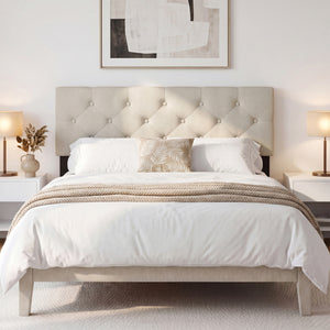 Upholstered Headboard Queen/Full Size Tufted Linen Fabric Bed Frame Mount Panel-Beige view 3