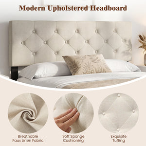 Upholstered Headboard Queen/Full Size Tufted Linen Fabric Bed Frame Mount Panel-Beige view 7