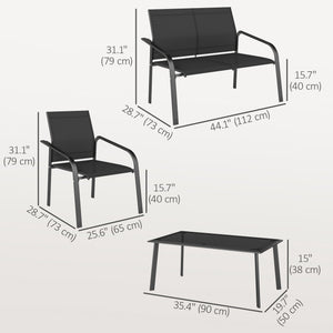 4 Piece Patio Furniture Set, Outdoor Conversation Set with Deep Seat, Loveseats, Armchairs, Glass-Top Table, Black