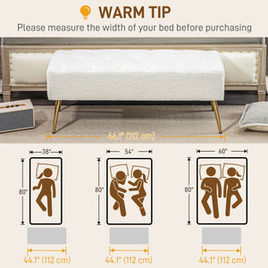 44" Lamb's Wool-Feel Upholstered Bedroom Bench, End of Bed Bench with Thick Padded Cushion and Steel Legs, Cream White