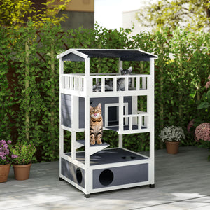 4-Floor Wood Outdoor Cat House Catio for Cats with Condo, Fun Entrances, Perch, Grey – view 7
