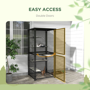 Cat Cage Multi-Level Catio Steel Outdoor Cat Enclosure w/ UV-and Water Resistant Cover, 5 Platforms, Soft Pads, Black