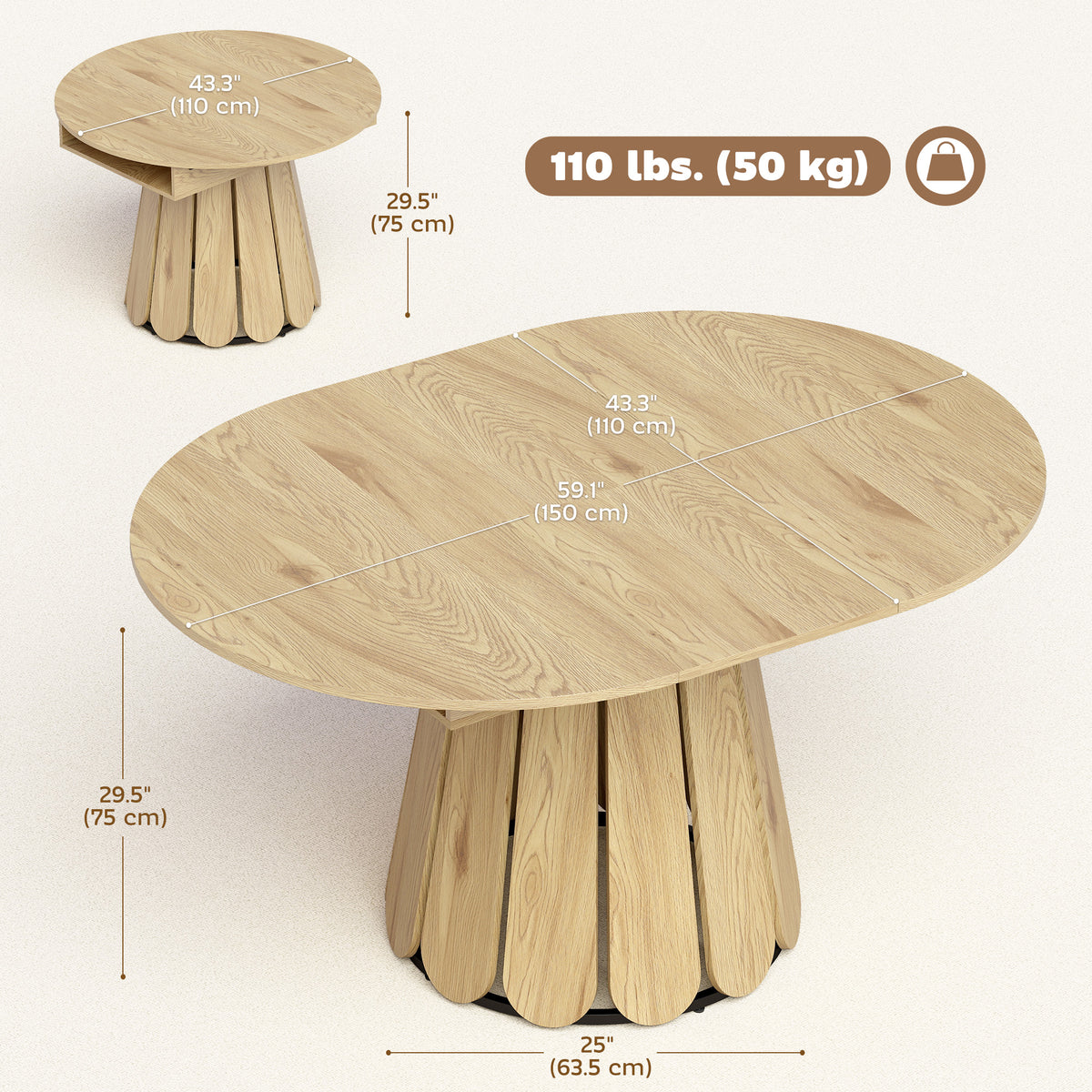 Extendable Dining Table, Round to Oval Convertible Kitchen Table with Storage Shelf for Dining Room, Natural