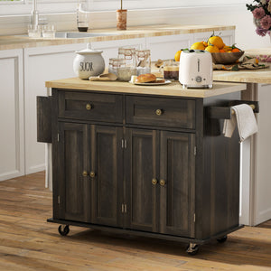 Kitchen Island with Storage, Rolling Trolley Cart with Rubber Wood Top, Spice Rack, Towel Rack, Brown Oak – view 7