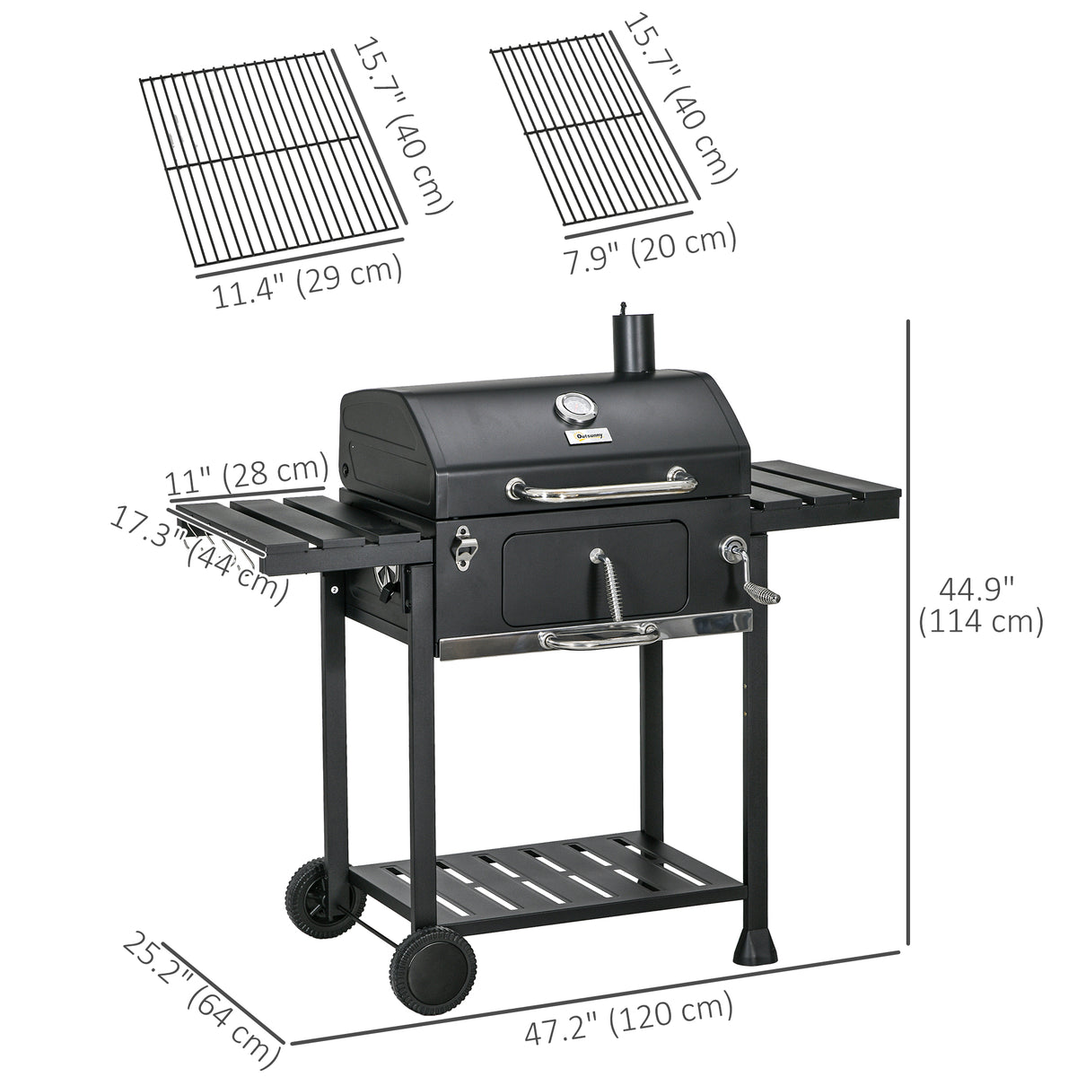 Charcoal BBQ Grill Smoker with Adjustable Charcoal Pan and Galvanised Steel Shell, Barbecue Grill Trolley with Storage