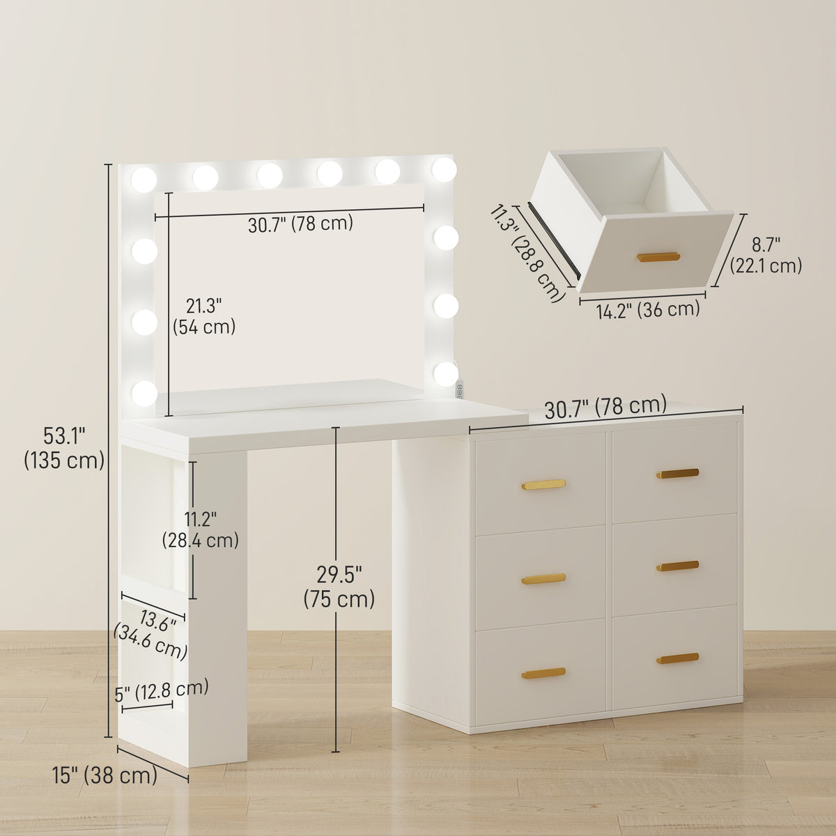 Vanity Desk with Mirror and 12 LED Lights, Makeup Table w/ Power Outlet, 3 Light Colour, 6 Drawers and 2 Shelves, White