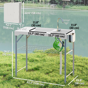 Folding Fish Cleaning Table with Sinks, Camping Sink with Faucet Drainage Hose Sprayer Shelf, Grey – view 9