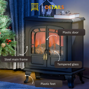Electric Fireplace Stove Heater with LED Fire Flame Effect, Double Door, Freestanding & Portable with Overheat Protection, 750W/1500W, Black