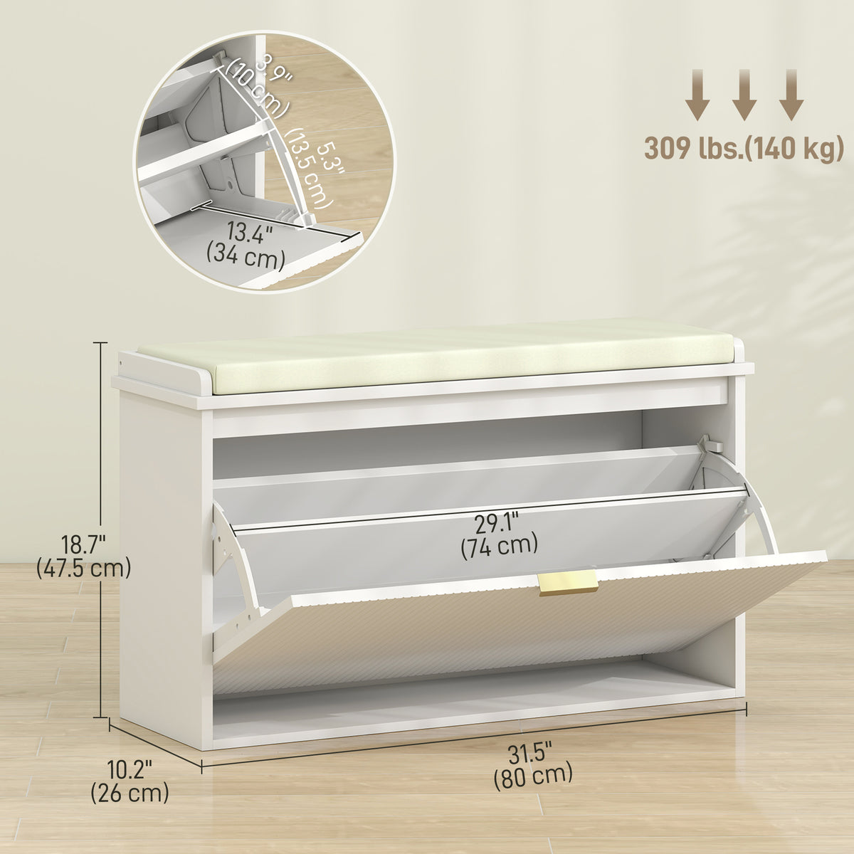 Entryway Bench with Padded Seat and Flip-Drawers, Holds up to 265lbs – view 2