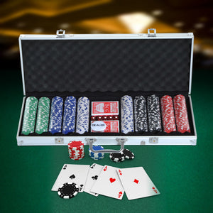 Soozier High Quality 11.5 gram Poker Chips Set with Silver Aluminum Case, 500 Striped Dice 2 Decks of Cards