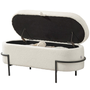 Storage Ottoman with Lift-Up Lid and Steel Legs, 45 Inches Sherpa Fleece Storage Chest for Living Room, Cream White