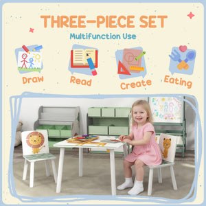 Qaba 3-Piece Kids Table and Chair Set with Animal Pattern for Boys and Girls Aged 3-8, Bedroom, Nursery, Playroom