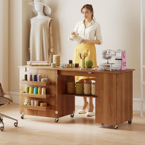 Sewing Machine Table with Drop Leaf, Folding Craft Table with 2 Doors and Adjustable Shelf for Small Spaces, Brown