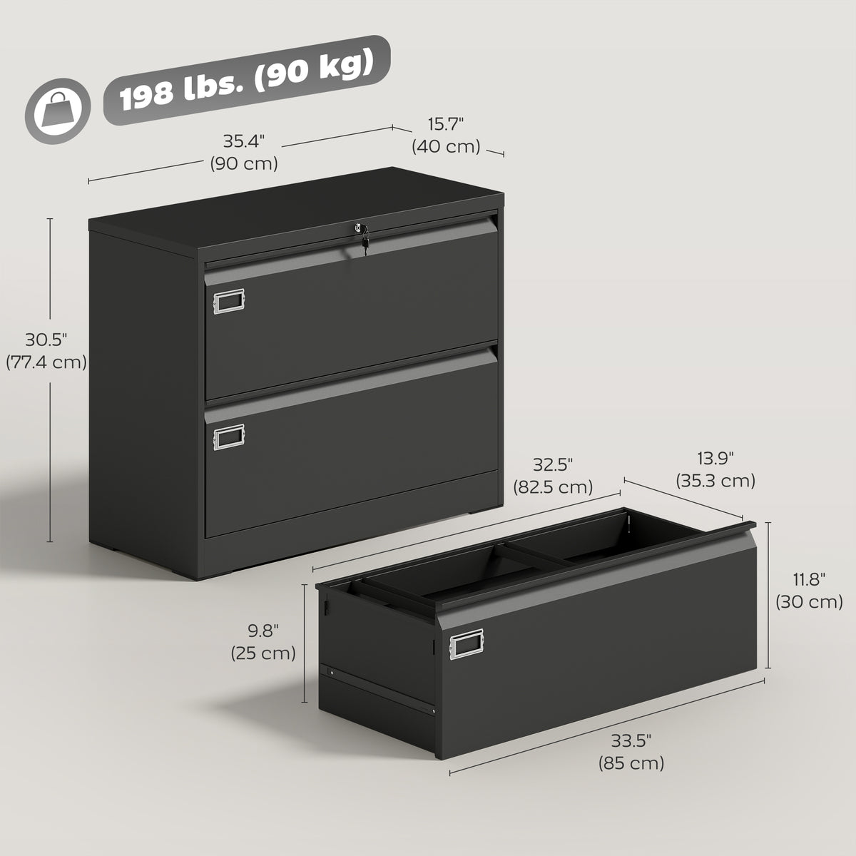 Lateral Filing Cabinet with 2 Drawers, Lockable Steel File Cabinet for A4/Letter/Legal Size Files, Black