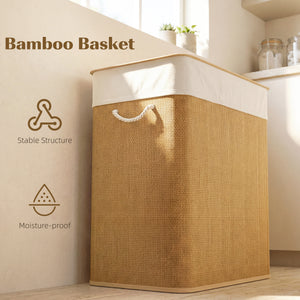 Double Laundry Basket with Lid, 100L Bamboo Laundry Hamper with Rope Handles and Removable Bags, Brown – view 6