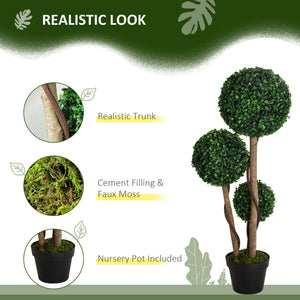 35 Inch Potted Fake Plant, Artificial Boxwood Topiary Tree, Triple Ball Tree for Indoor and Outdoor, Dark Green