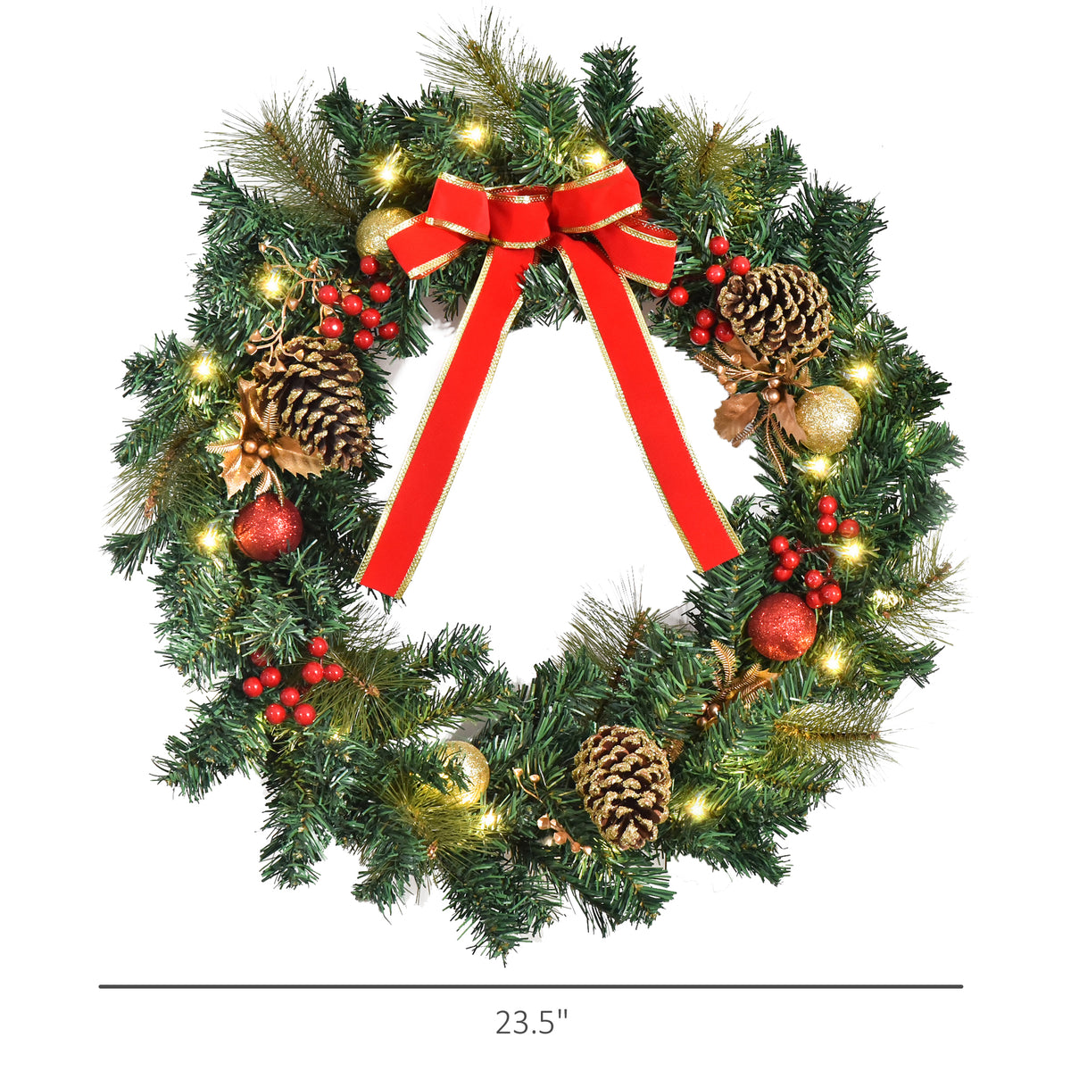 Christmas Wreath 24" Pre-Lit Artificial Greenery Xmas Spruce Wreath Cones Red Berries 20 LED Lights Battery Operated