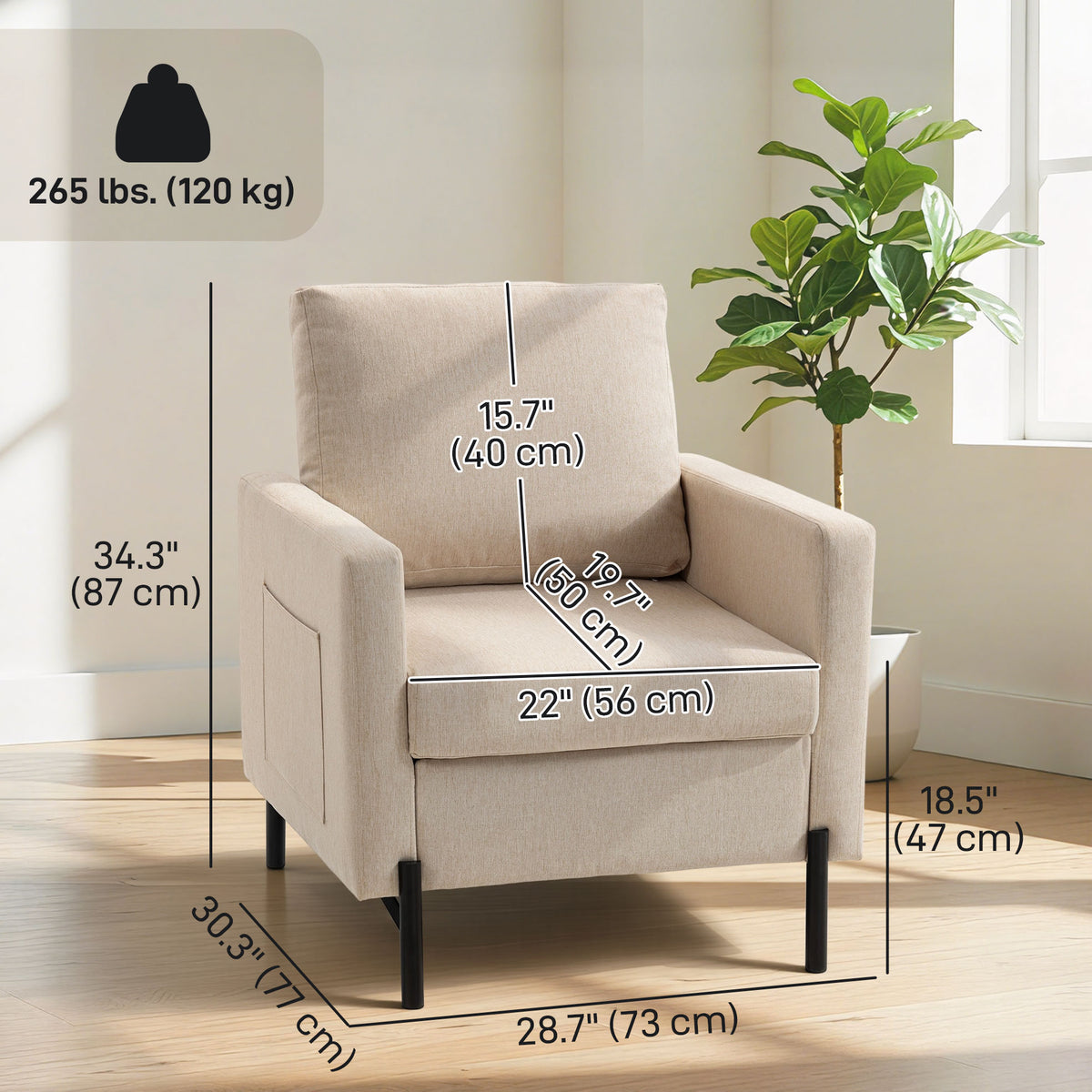 Accent Chair Modern Upholstered Armchair with Side Pockets and Cushion for Bedroom, Living Room, Beige – view 2