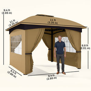 11' x 11' Outdoor Gazebo, Double Roof Patio Gazebo Canopy with Curtains, Church Windows, Galvanised Steel Frame, Beige